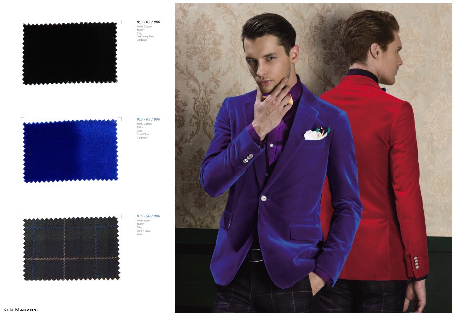 Пошив мужских пиджаков из красной и синей перламутровой ткани Marzoni на заказ