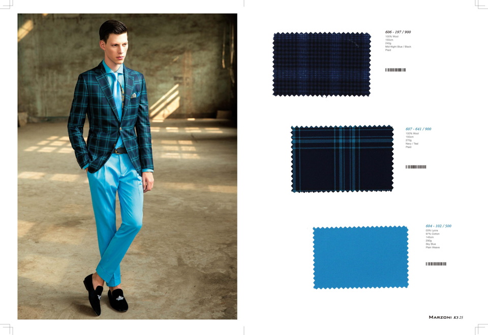 Пошив мужских однобортных пиджаков на заказ из клетчатой синей ткани Marzoni темных и светлых тонов