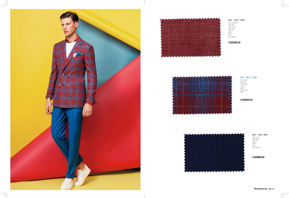 Пошив мужских пиджаков на заказ из красно-синих клетчатых тканей Marzoni